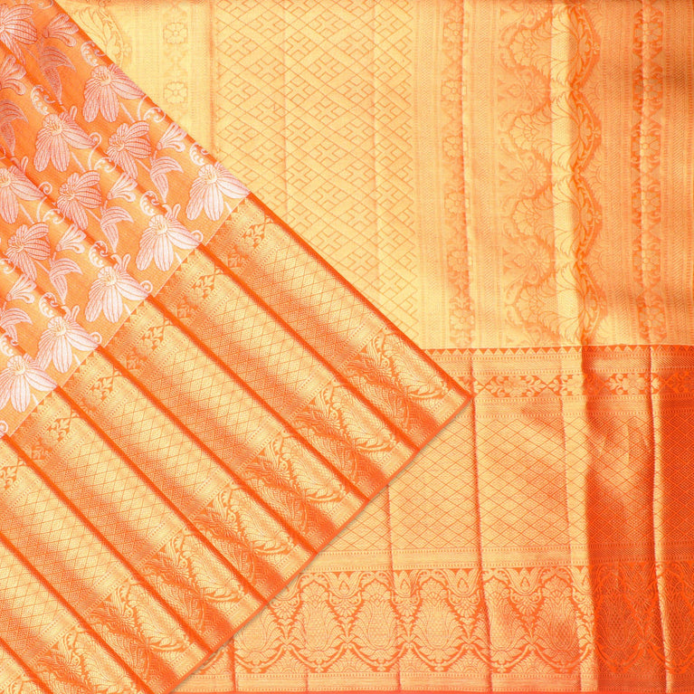 Orange Zari Weaved Kanjivaram Saree with Blouse Piece With Stone Work -  HOUSE OF BEGUM - 3842950